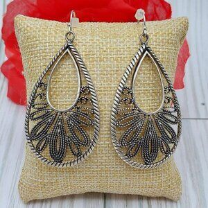 Premier Designs Silver Tone Filigree Openwork Teardrop Earrings Statement 2.5"